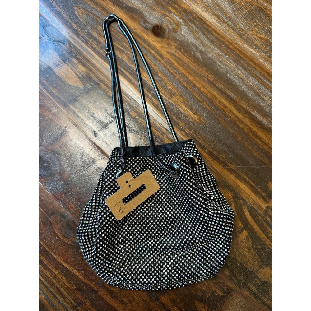Beeline Group Rhinestone Mesh Bucket Bag Black Silver Snake Chain Evening Purse